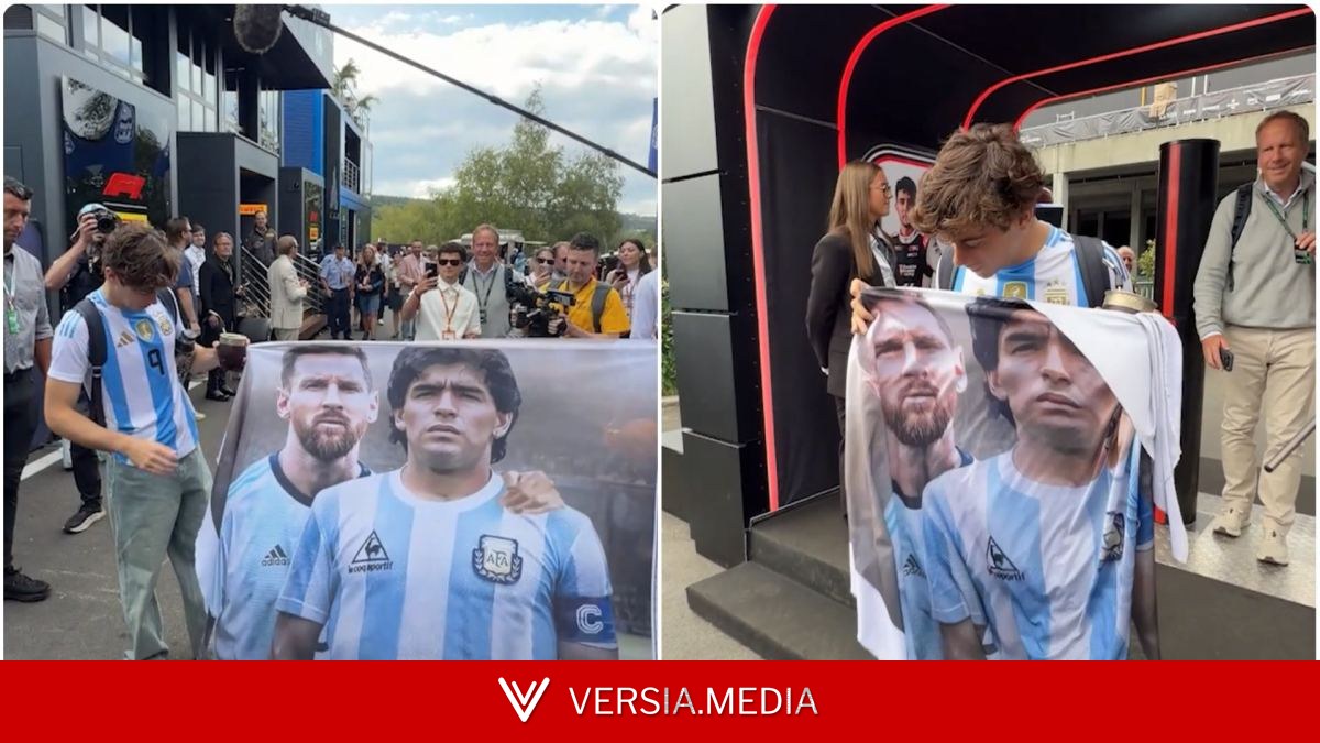 ¡Con el Diego y Lionel! Colapinto llega al GP de Bélgica con la camiseta de Argentina y una pancarta de las dos máximas figuras de la albiceleste
