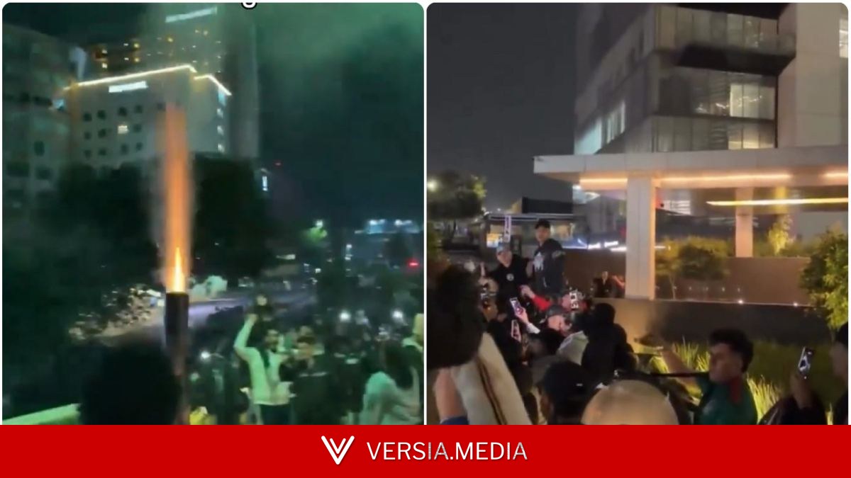 ¡Se armó la fiesta! Un grupo de aficionados mexicanos montan música y fuegos artificiales a las puertas del hotel de Inglaterra